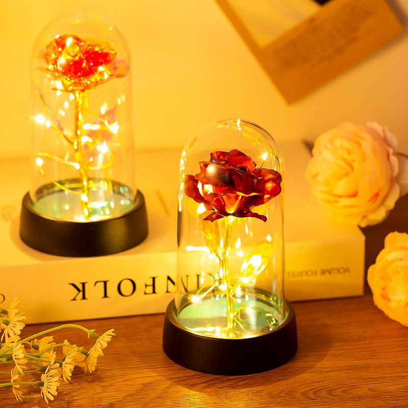 Galakserose kunstige blomster nattlys evig blomst glassdeksel ledet evig blomsterlampe valentinsdag bryllupsfest