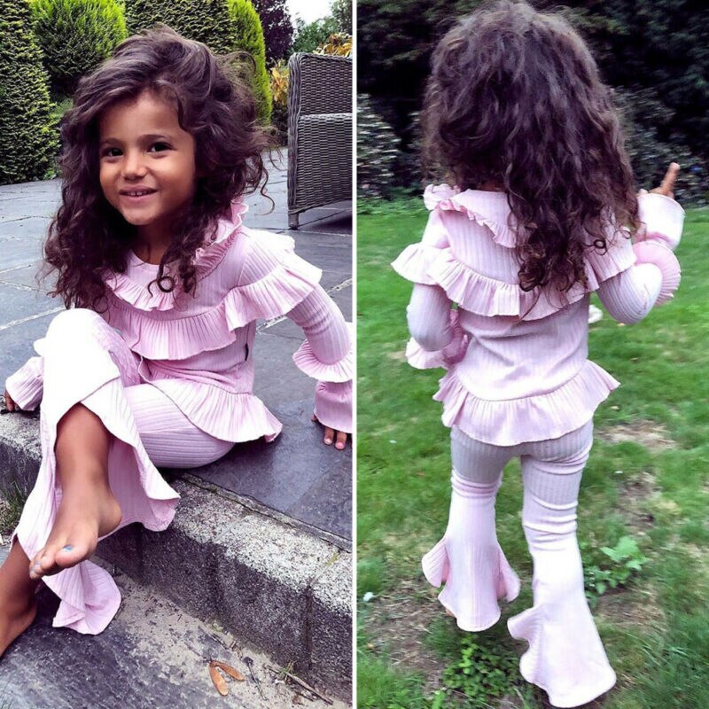 Nyfødte baby piger vinter outfits sød lyserød jakkesæt langærmet flæse tee toppe bell bottom bukser flared bukser tøj sæt