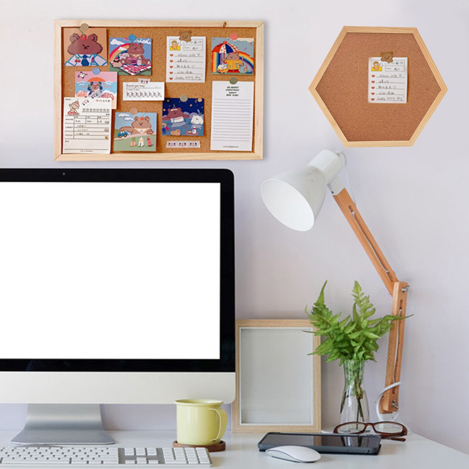 Multifunction Cork Board Office Home Wood Photo Background Hexagon Stickers Wall Message Drawing Bulletin: Wood Color Frame