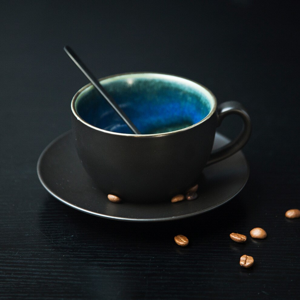 Blue Black Luxury Ceramic Coffee Cup and Saucer Set Cappuccino Coffee Cup Filizanki Do Kawy Mug BD50CS: Default Title
