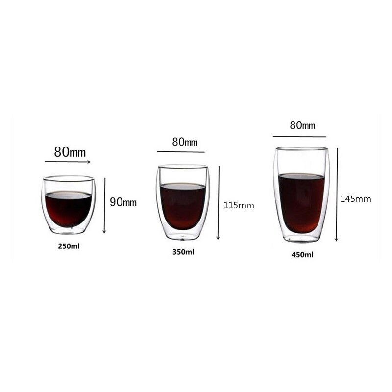 Dobbeltvegget Glasskopp - 150ml til 450ml - Isolert Kaffe Te Krus - espresso, Vin, Øl glass