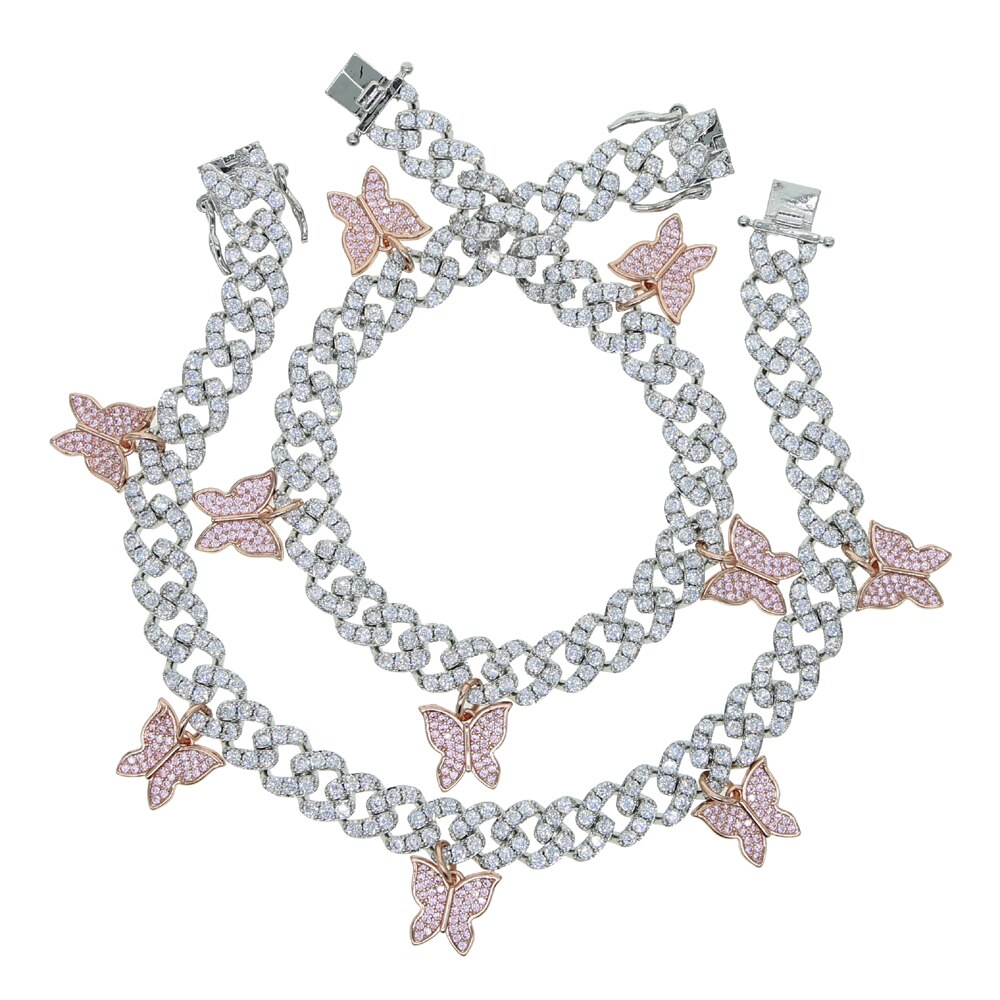 arrived Summer Beach Anklet Foot Leg Jewelry Iced out bling cz cuban chain drip cz butterfly charm anklet jewelry 9" 10"