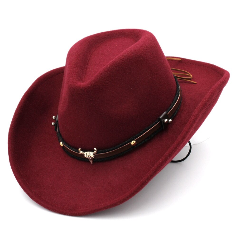 Mistdawn Unisex Wol Blend Western Cowboy Fedora Cap Brede Rand Sombrero Godfather Cap Kerk Caps Jazz Hoed Tauren Lederen Band: wine red