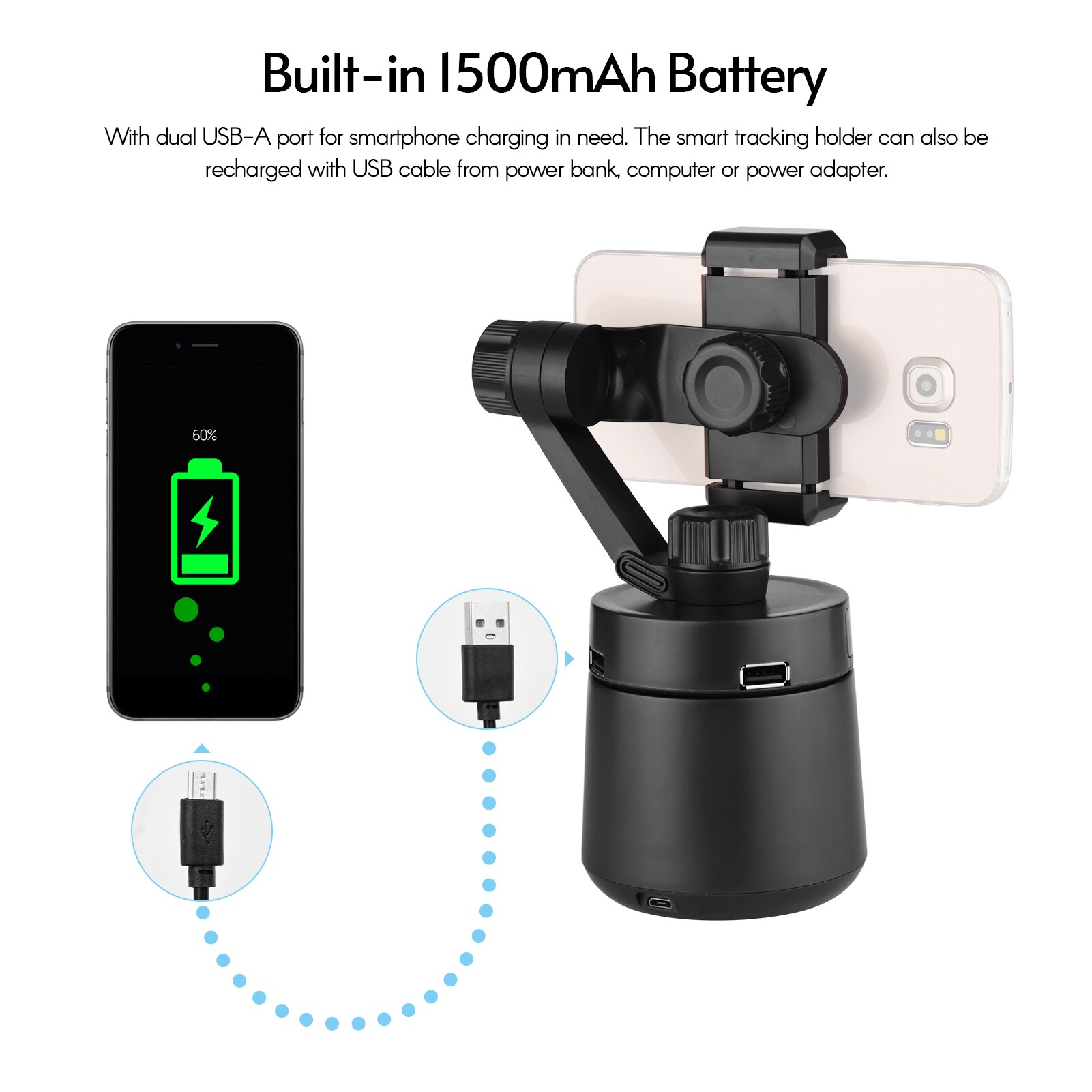 Arealer Smart Selfie Stick - Object & Face Tracking - Bluetooth - USB Phone Charging - 1/4" Thread