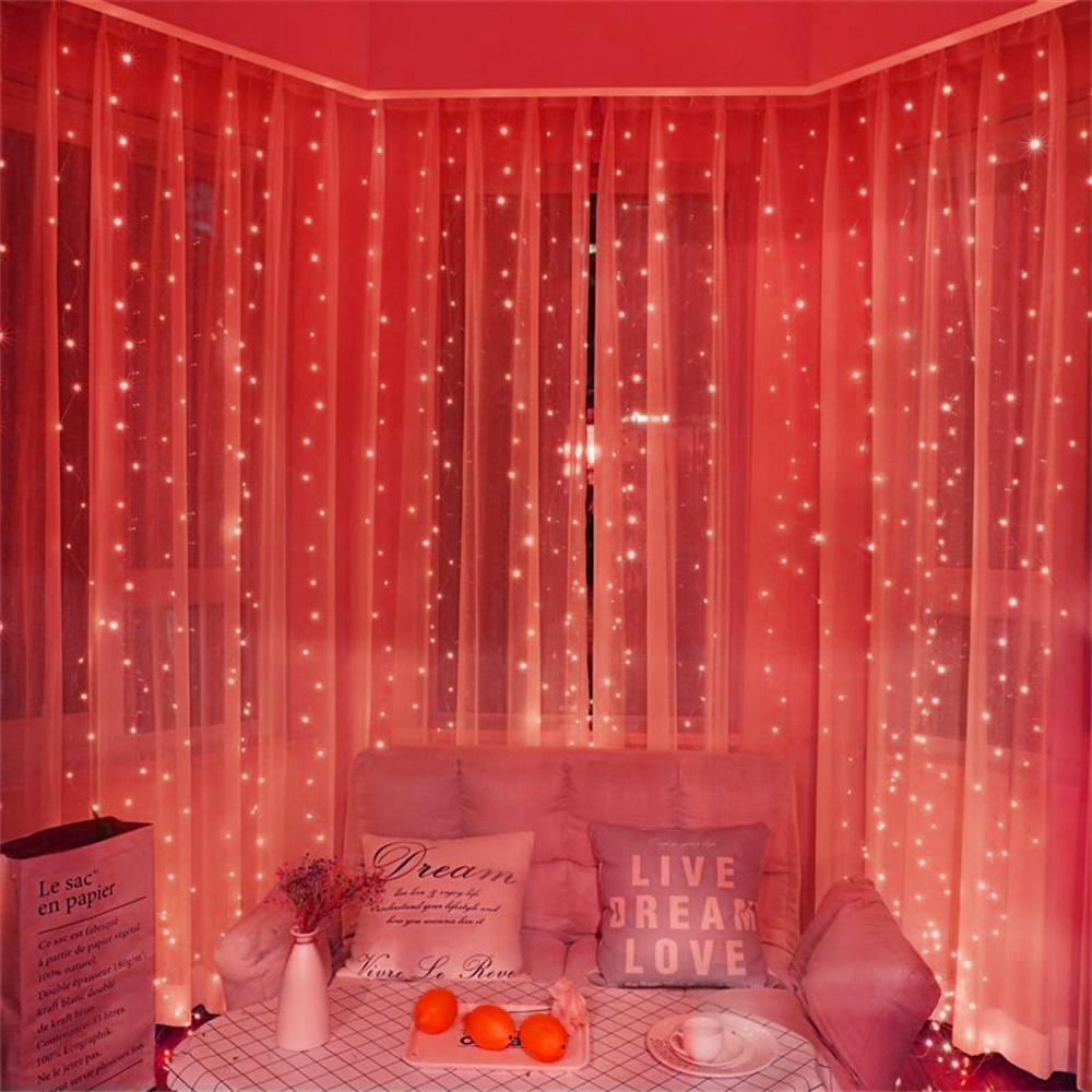 Cortina de luces LED USB, 8 modos, guirnalda de luces con Control remoto, cadena de luces, decoración navideña para boda, dormitorio, lámpara de Año: L / Caqui oscuro