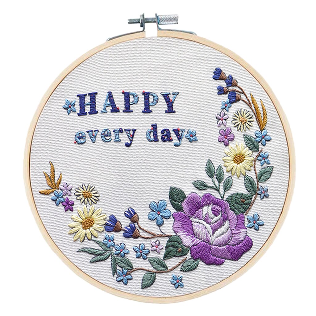Embroidery Kit (Flowers Happy Every Day) DIY Embroidery Hoop Cross Stitch