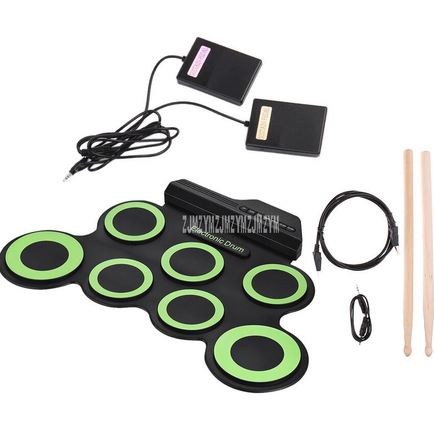 Roll-Up Usb Siliconen Drum Set Compact Size Digitale Elektronische Drum Kit 7 Drum Pads Met Drumsticks Voetpedaal voor Beginner Kids: green