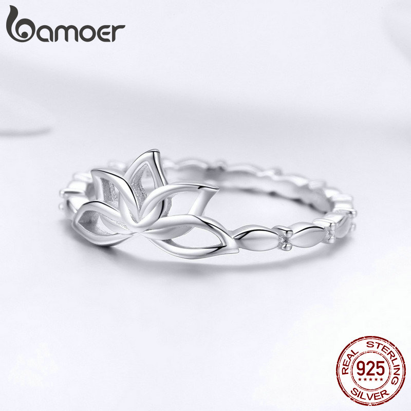 BAMOER Elegante Authentische 925 Sterling Silber Lotus Blume Finger Ringe Blume Ringe für Frauen Sterling Silber Schmuck BSR018