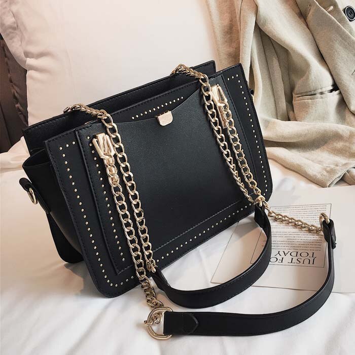 Luxury Rivet Handbag Women Bag Brand Metal Chain Tote Bags Casual PU Leather Crossbody Bag: Black