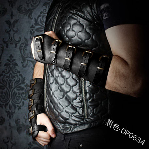 Steampunk-Bracelet en cuir avec boucle, ajustable, Viking médiévale, gants pour Cosplay, déguisement: Black
