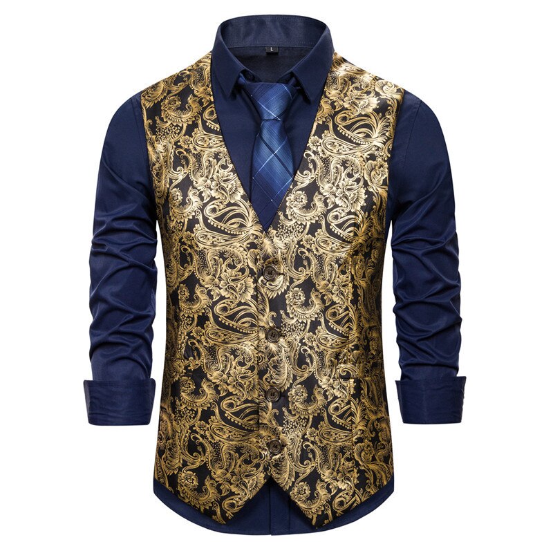 Luxe or Paisley robe Gilet hommes smoking Gilet Hipster col en V Slim Fit Gilet hommes fête mariage gilets Gilet Costume Homme XXL: gold / XXL