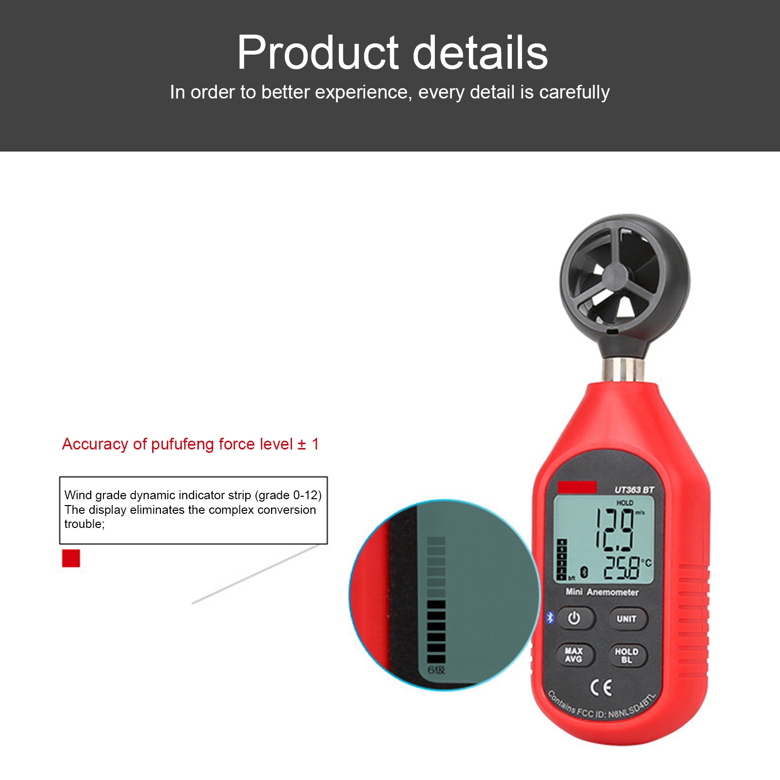 UT363BT Digital Anemometer Handheld Wind Speed Meter Bluetooth Wind Sensor Outdoor Thermometer LCD Display Measuring Device