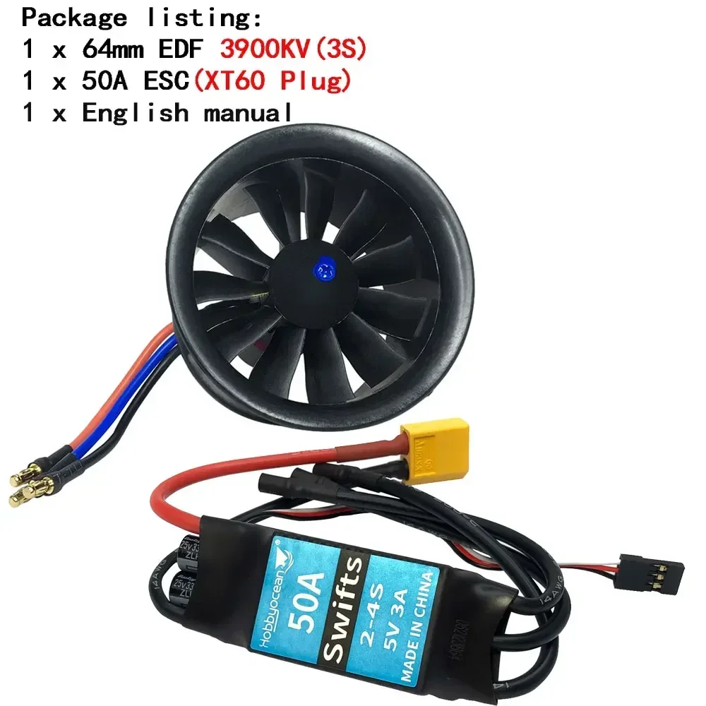 Ventilateur canalisé pour avion à jet radiocommandé, pièces de rechange, 50mm, 64mm, 70mm, 90mm, 11/12, ESC 50A: jaune clair