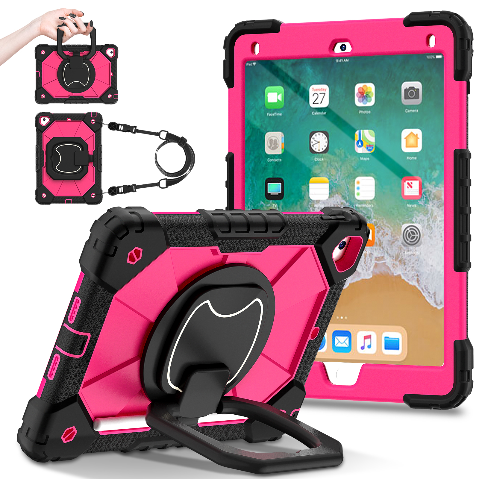 Roterande kraftigt fodral för ipad 5 6 7 air 1 2 pro 9.7 5th 6th gen stativskydd med handtag och axelrem: Elva / Lila