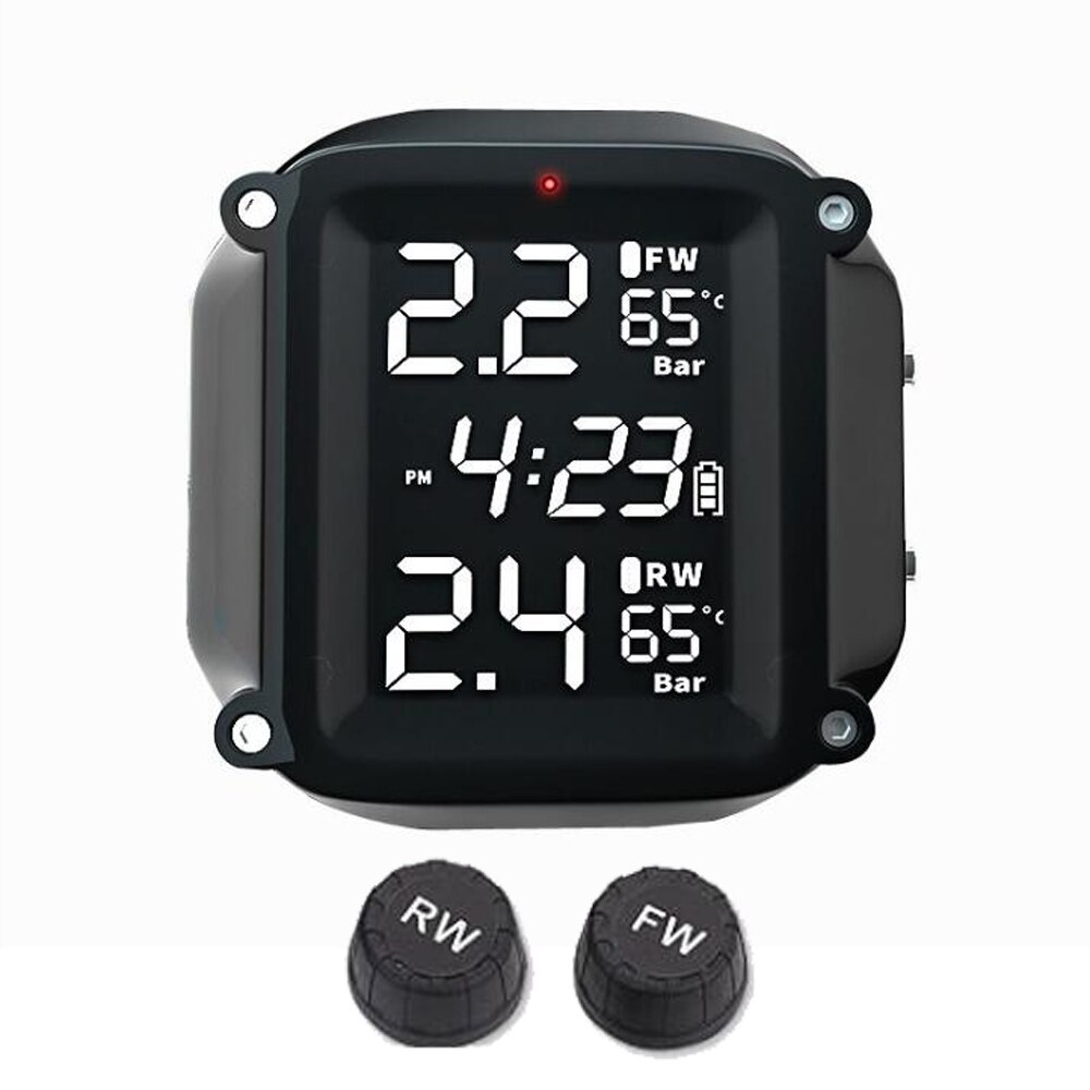 Wireless Motorcycle TPMS Tire Pressure Monitoring System 2pcs External Sensor LCD Time Display Tyre Temperature Monitor Alarm: External