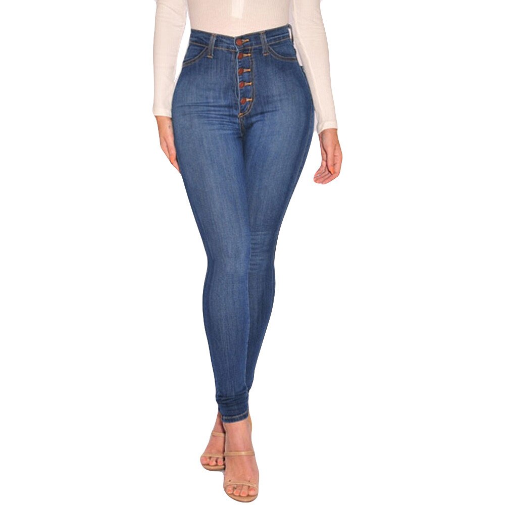 Grande Taille 4XL Skinny Jeans Femmes Denim Pantalon Taille Haute Bouton Stretch Pantalon Crayon Mince Décontracté Pantalons Longs Jeans Déchirés: Bleu / 4XL