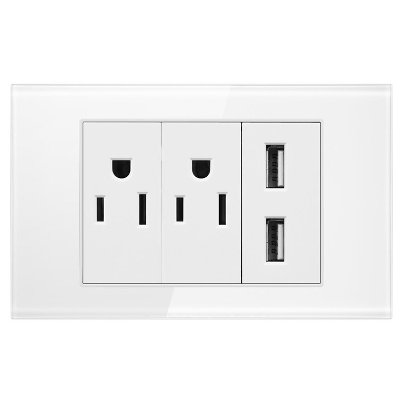 Wall plug socket US standard tempered glass panel 5V USB 2-port fast charging household AC110V 250V 15A power plug