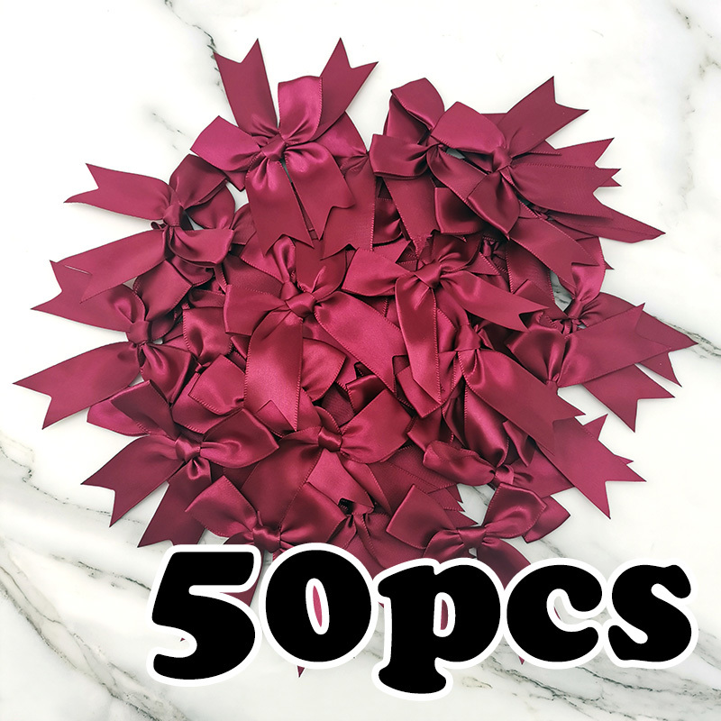 (50 uds) lazos de cinta rosa fresco de 1 pulgada, lazo de satén de poliéster, flor, decoración artesanal DIY: Borgoña