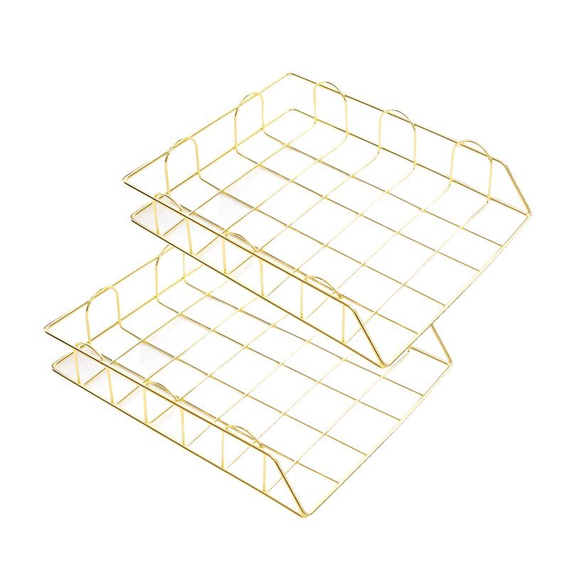 Desk Organizer File Storage Rack Metal Stackable Desktop File Shelf Magazine Newspaper Organizer: 2 tray Yellow Gold