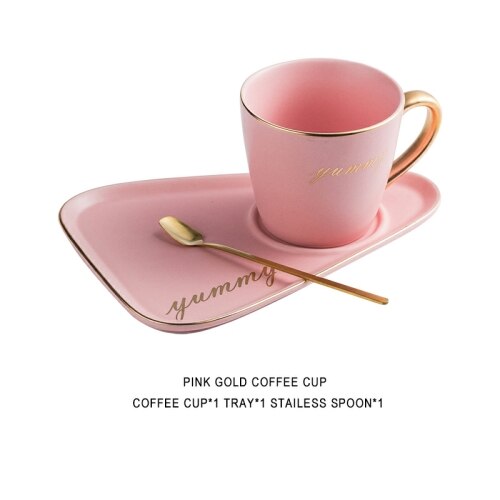 Gold Rim Ceramic Coffee Mug Tumbler Tea Cup and Saucer Set Porcelain Gold Spoon Mugs Cute Dessert Cups Bone China Tea Sets: Pink