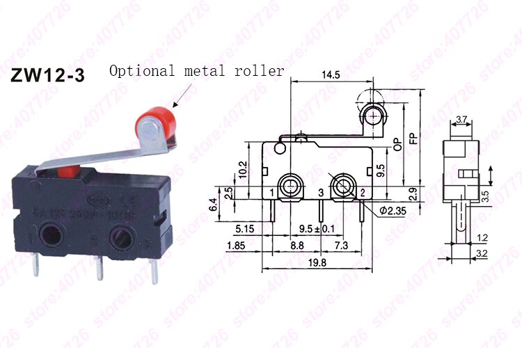 Micro interrupteur 10mm x 20mm 5 pièces/lot | 3 broches/2 broches 5A 250VAC série ZW12, interrupteur Tact allumé: ZW12-3