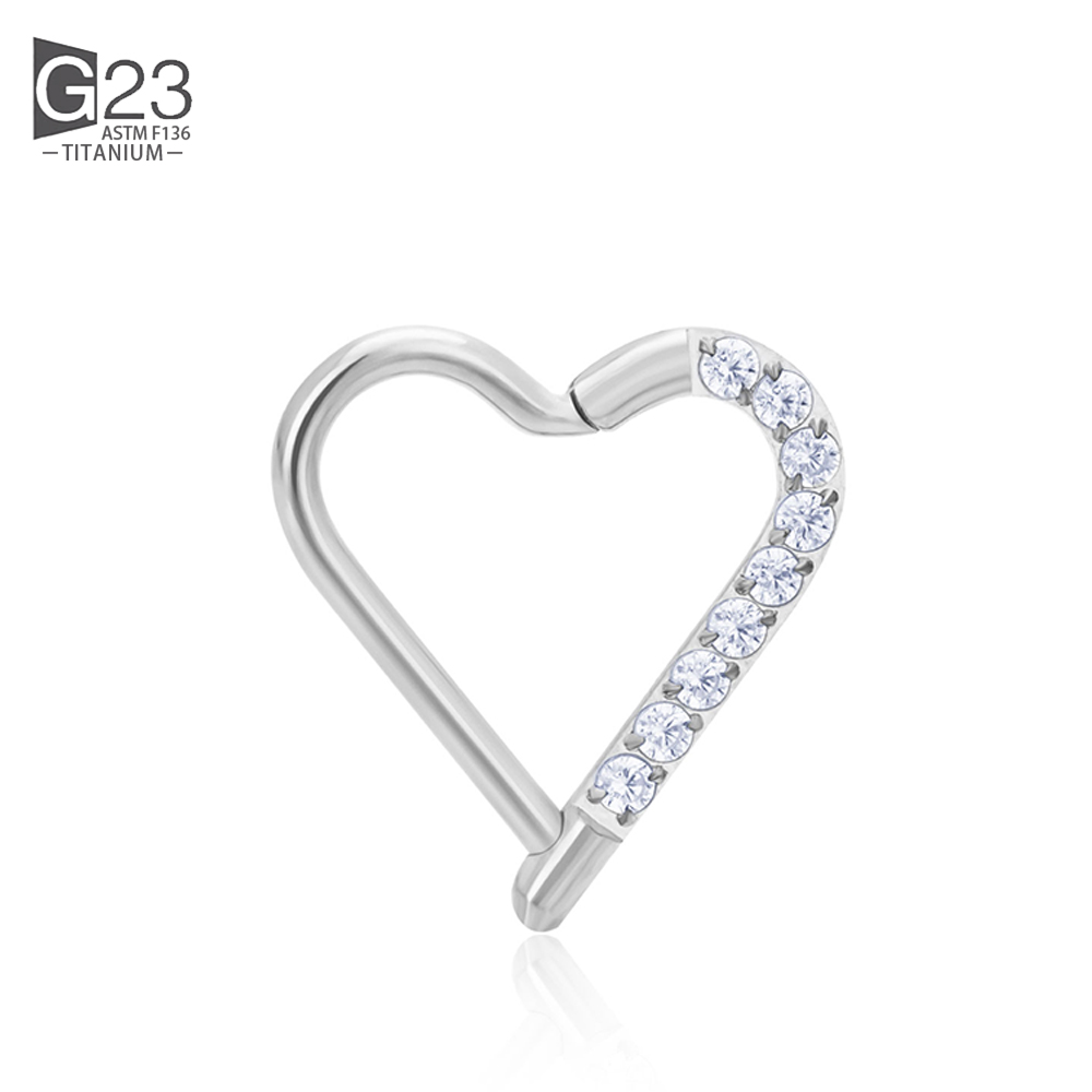 ASTM F-136 anneau de nez en titane Daith coeur boucle d'oreille cerceau Cartilage Tragus D forme Helix anneaux articulé Segment cerceau avec CZ clair: WHITE / Couleur or pur