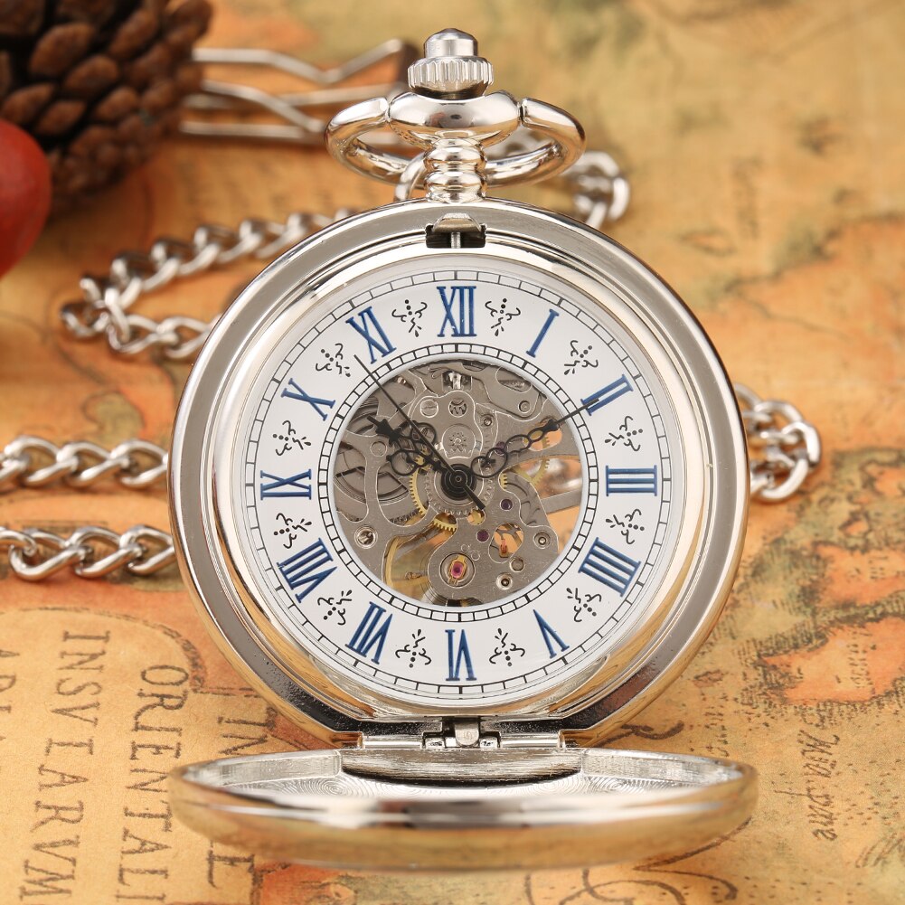 Blue Skeleton Prachtige Hanger Mannen Hand-Kronkelende Zilveren Mechanisch Zakhorloge Premium Alloy Sieraden Pols Chain Horloge