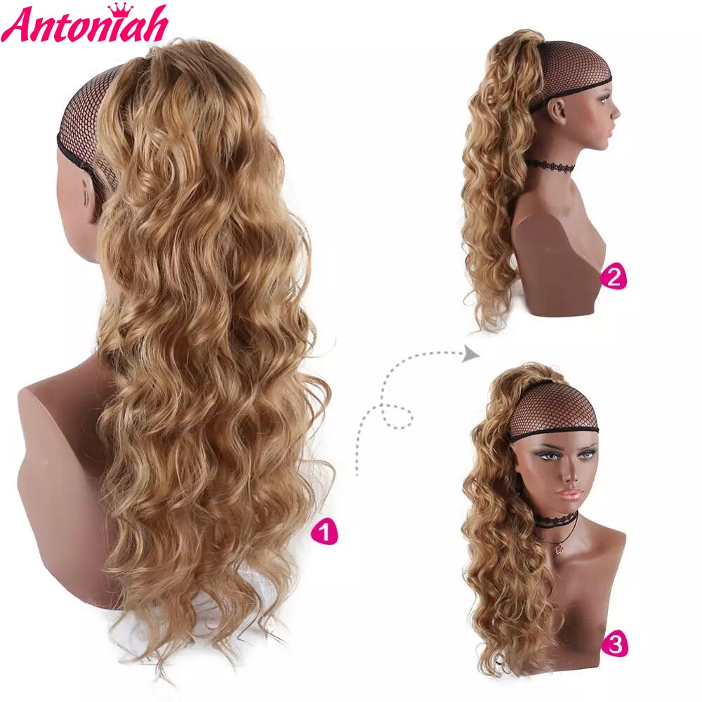 Antoniah Long Wavy Drawstring Ponytail Clip in Ponytail Extensions Black Wrap Around Ponytail Synthetic Hairpiece for Women