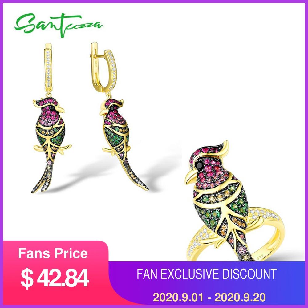 SANTUZZA Genuino 925 Gioielli in Argento impostato per Le Donne frizzante Pietre Colorate Delicato Uccelli Orecchini Anello impostato Partito Gioielleria Raffinata