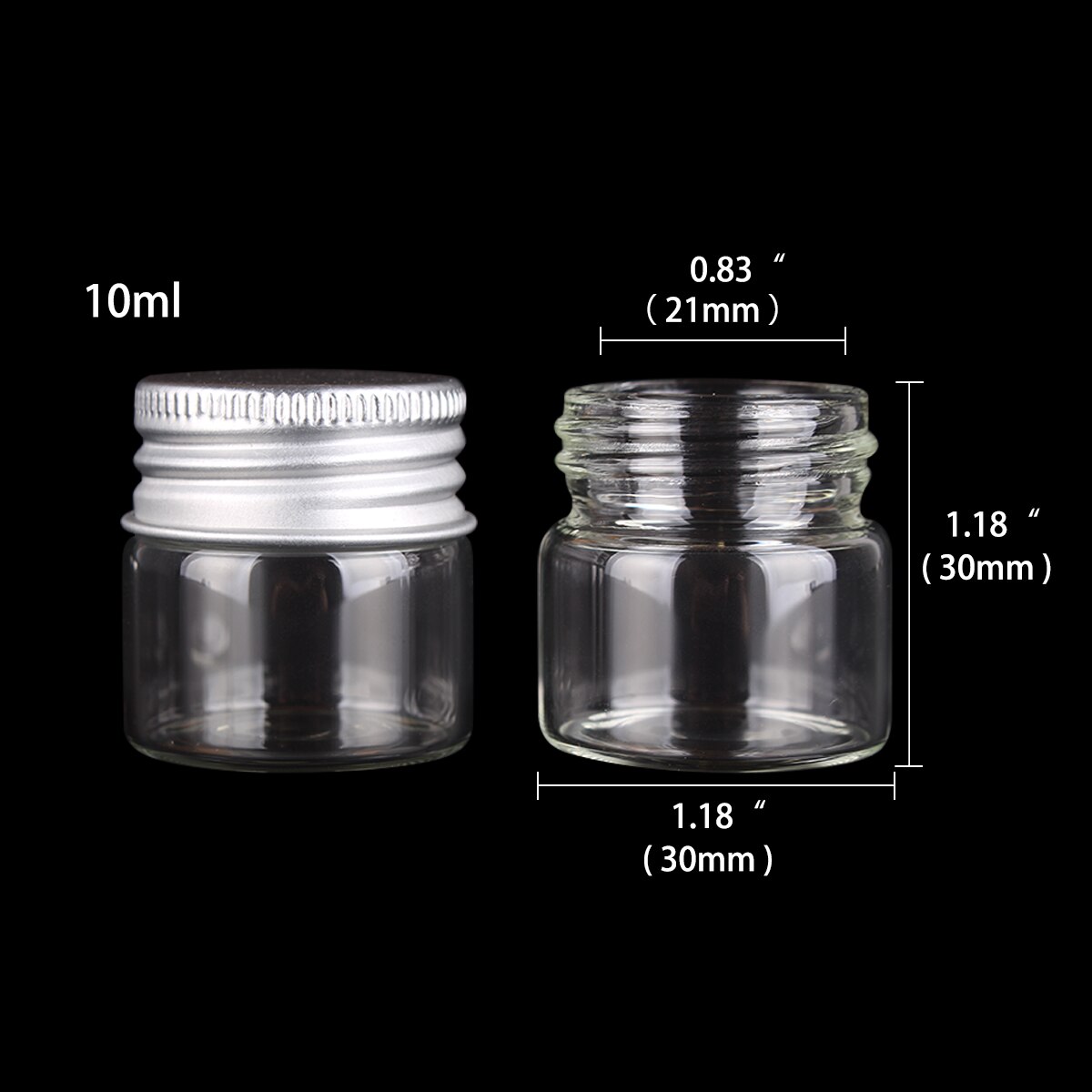 12 Uds 10ml 15ml 20ml 25ml 30ml 40ml 50ml 60ml 80ml 100ml botellas de vidrio con tapas de aluminio botella de especias de vidrio vacía para manualidades: Negro