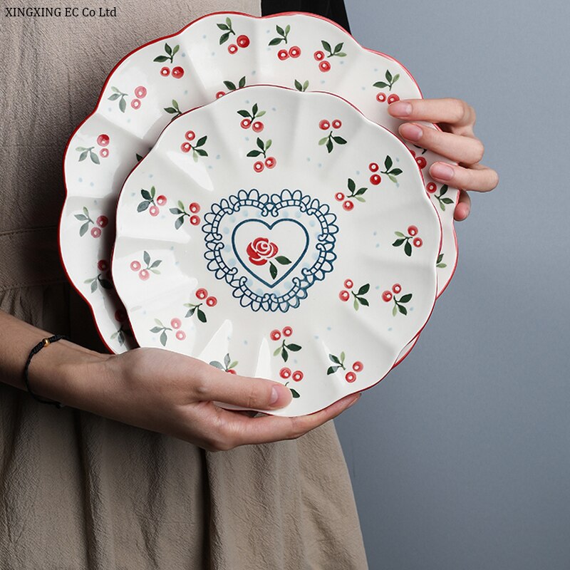 Hand-painted Cherry Ceramic Plate Household Tableware 10 Inch Plate Steak Plate Cute Fruit Plate Small Plate Tableware