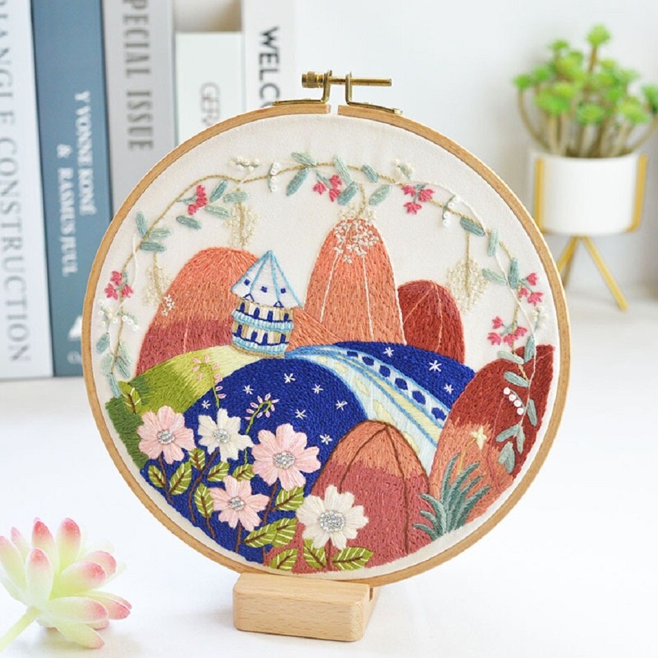 DIY Embroidery Flower Handwork Needlework for Beginner Cross Stitch Kit Ribbon Painting Embroidery Hoop Home Decoration
