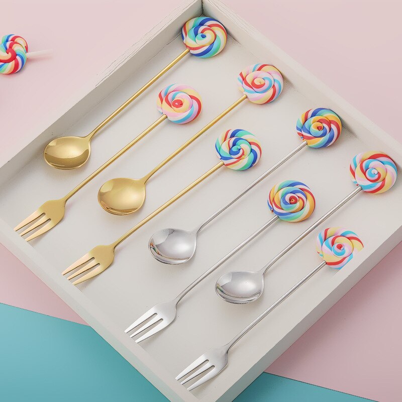 Cute Lollipop Children Spoon 304 Stainless Steel Coffee Stirring Spoon Dinner Fruit Fork Teaspoon Dessert Tea Scoop Tableware