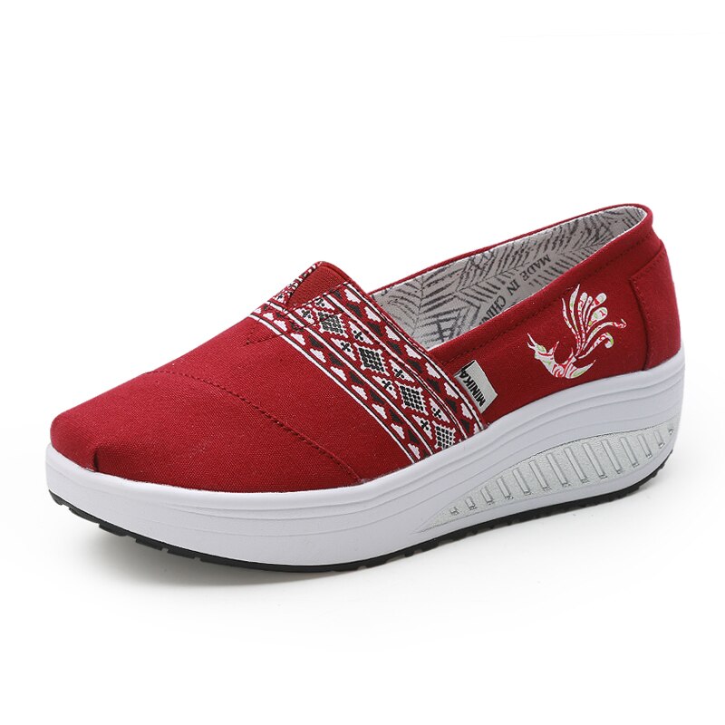 Women Flat Platform Toning Shoes Canvas Slip on Ladies Platform Wedge Fitness Slimming Sneakers Red Blue Women Swing Sneakers: Red / 37