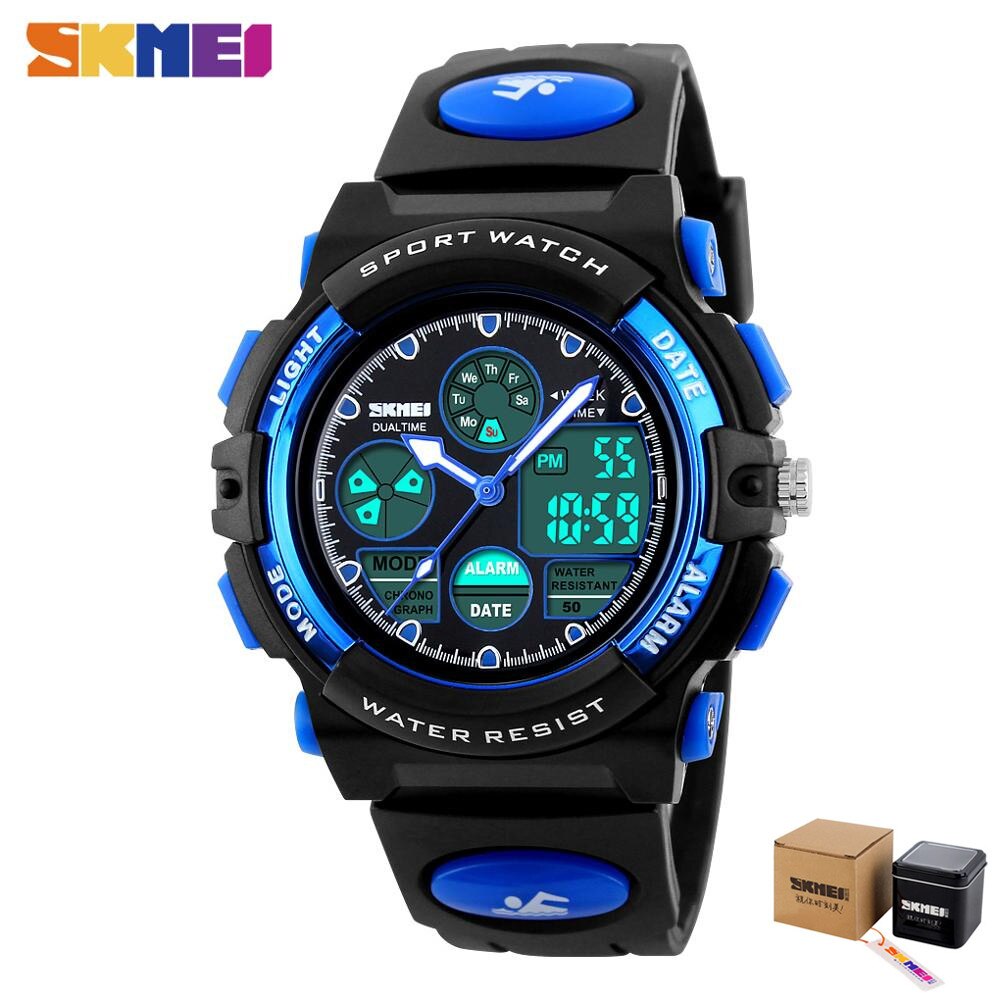 SKMEI 5Bar Waterproof Chronograph Luminous Children Digital Wrist Watch Kids Sport Watches Boys Girls Electronic Quartz Clock: blue 4 with box