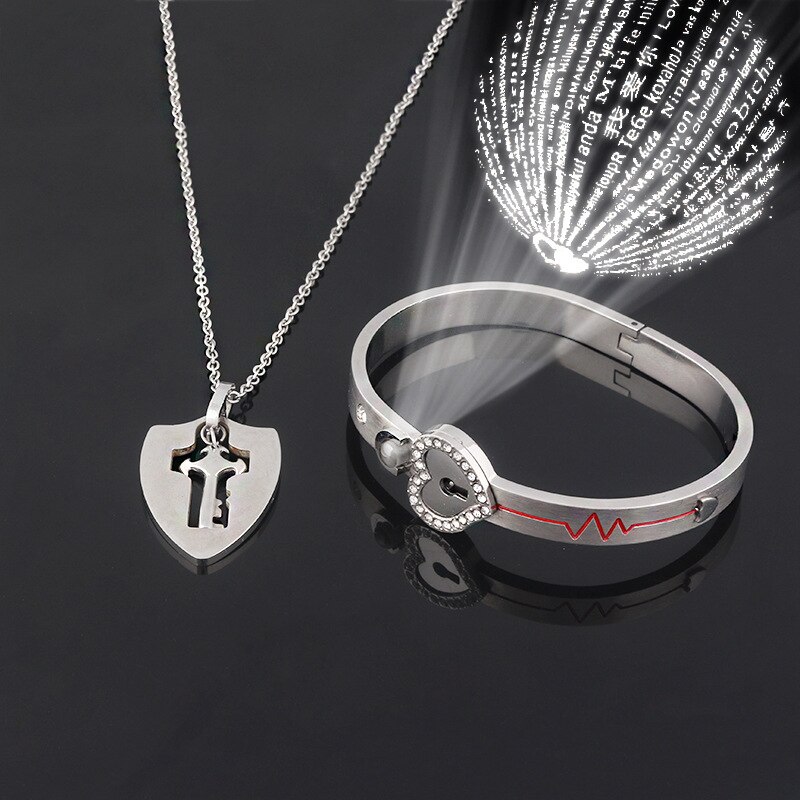 Love Heart Lock Bracelet Stainless Steel Bangles Key Pendant Couple Lovers Jewelry Valentine's Day: B123