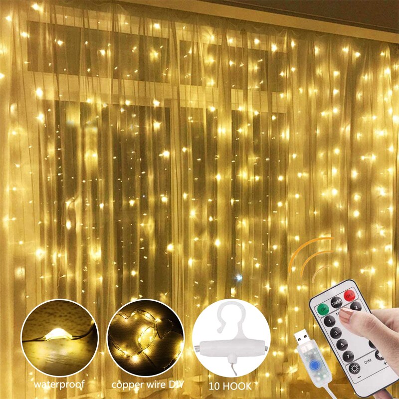 Rideau avec guirlande LED, lumière féérique, USB, avec télécommande, 3 m, décoration d'intérieur pour fenêtre et chambre, Noël et Nouvel An
