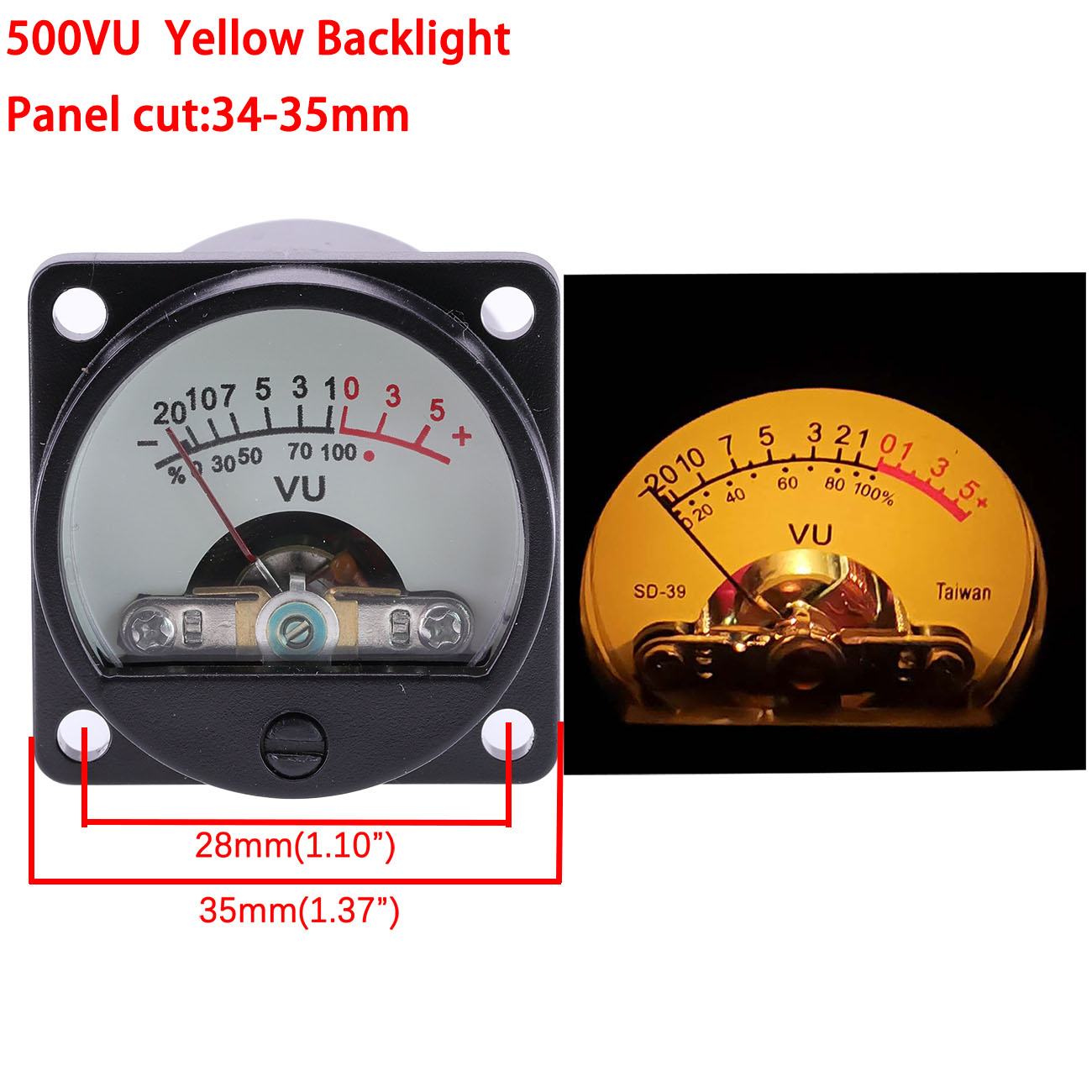 1PC 34mm Panel VU Meter 500VU met Groen Geel Blauw Rood Achtergrondverlichting Geluid Drukmeter Versterker Analoge meter Panel Gauge 500uA: YELLOW