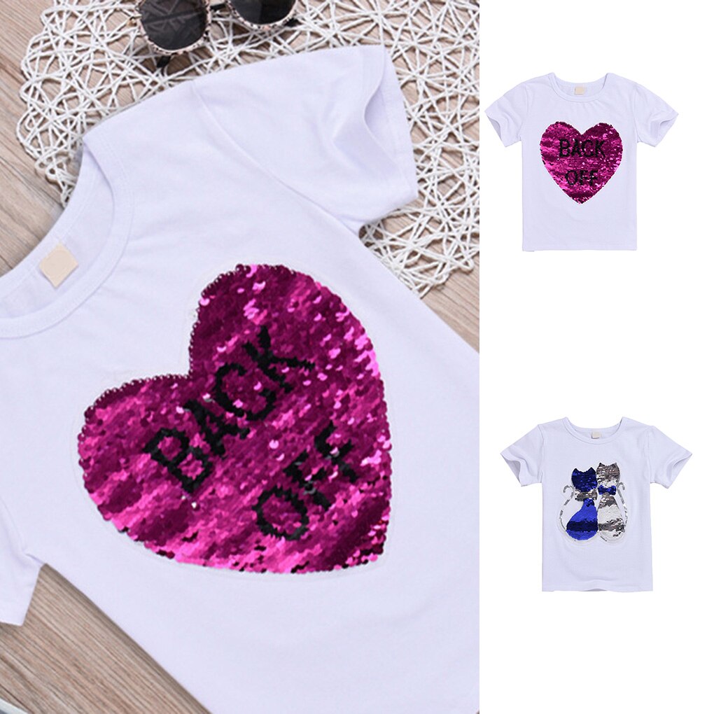 Flickor paljetter t-shirt baby härliga tjejer tecknad topp kort barn kortärmad scoop neck sommar topp som andas