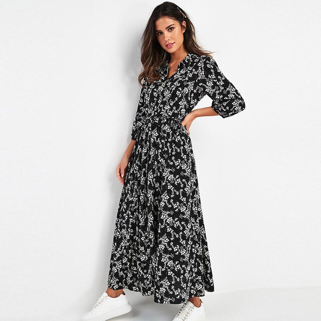 Vintage floral print maxi kjole kvinner boho trekvart ermer lange sashes kjole turn down krage casual skjorte kjoler kappe: M