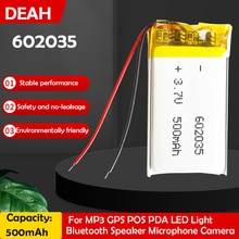 1-2PCS 3.7V 500mAh 602035 Rechargeable Lithium Polymer Battery For MP3 MP4 GPS DVR Smart Watch Bluetooth Headphone Lipo Cell