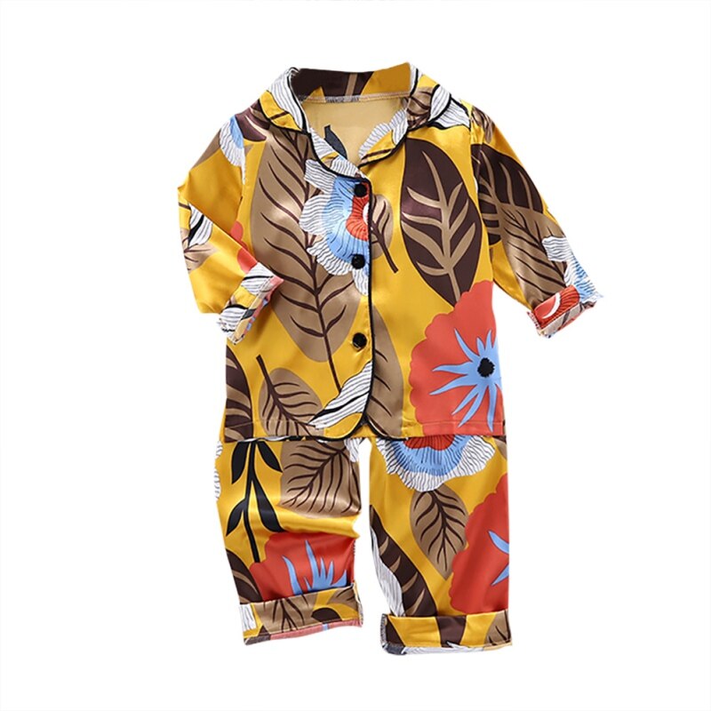 Stijl Leuke Unisex Baby Kids Lange Mouw Pyjama Sets Meisjes Jongens Bladeren Print Nachtkleding Suits Katoen Blouse Tops Slaap broek: 4T