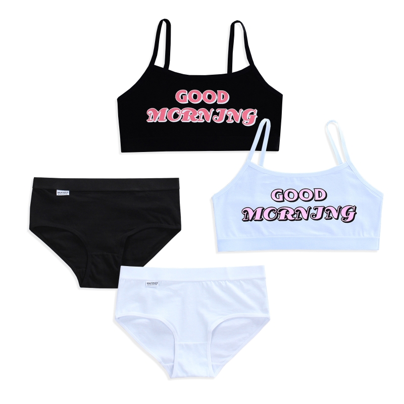 Conjunto de ropa interior a juego para chicas jóvenes, ropa interior con estampado de letras de buenos días, sin relleno, sujetador de entrenamiento y bragas Hipster, 094F