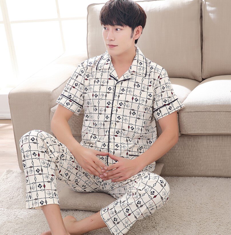 Men's Pajamas Summer Short Sleeve Sleepwear Cotton Geometric Cardigan Pyjamas Men Lounge Pajama Sets Plus size M-4XL Sleep: XXL