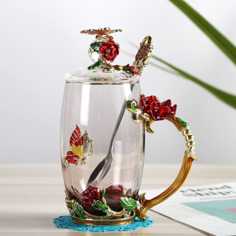 Enamel Glass Cup Tea Water Coffee Cup European Style Crystal Rose Flower Mug With Handle Lid Spoon Drinkware: Red Tall