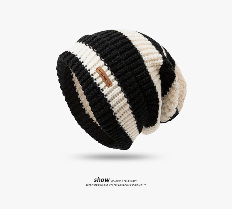Girl Knitted Beanie Hat Woman Skullies Beanies Winter Warm Hats Bonnet Striped Wool Caps Soft Baggy Beanies gorro: WHITE