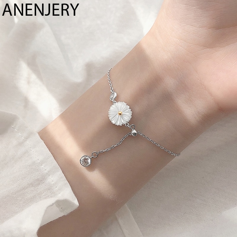 Anenjery Delicate Natuurlijke Witte Schelp Daisy Enkelband Armband Voor Vrouwen Anti-Allergisch Zilver Kleur Verstelbare Armband S-B409
