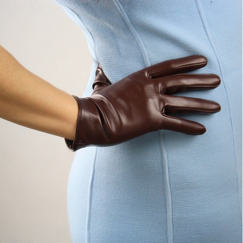 Handschuhe Frauen Kurze Simulation Leder PU21cm Ungefüttert Dunkelbraun Kaffee Farbe TB35