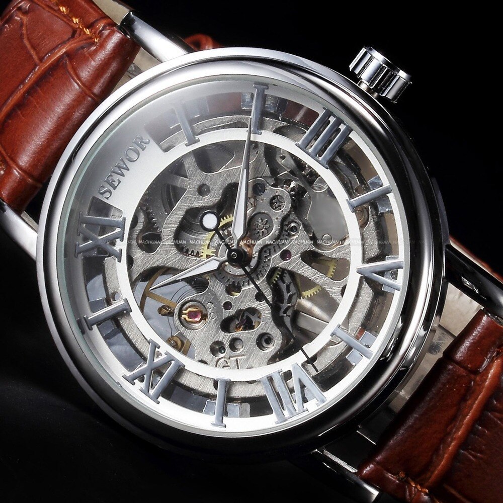 SEWOR de luxe montres mécaniques hommes squelette cadran horloge romaine montres décontractées Relogio hommes mécanique main vent montre