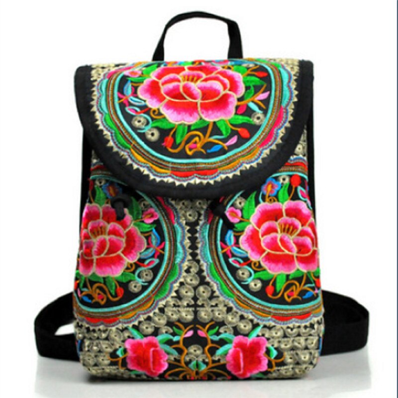 Vintage Floral Peony Embroidery Ethnic Canvas Backpack Women Handmade Travel Bags Schoolbag Backpacks Rucksack: C / Large